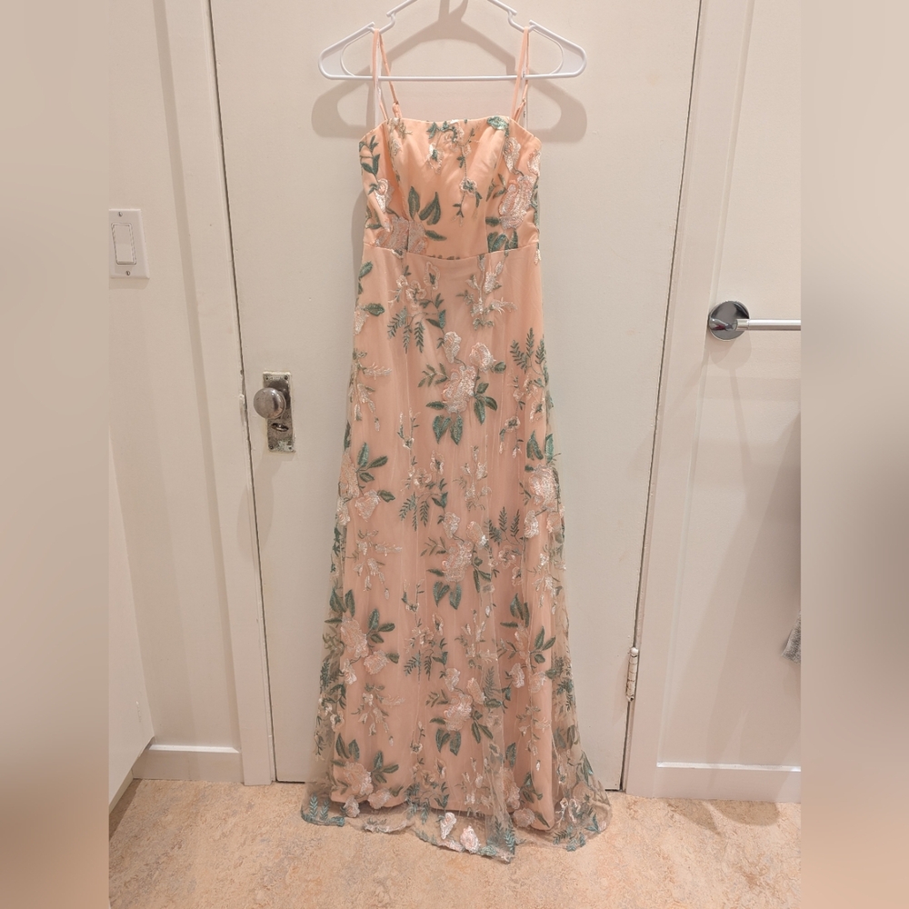 Blush Pink Floral Embroidered A-Line Maxi Dress